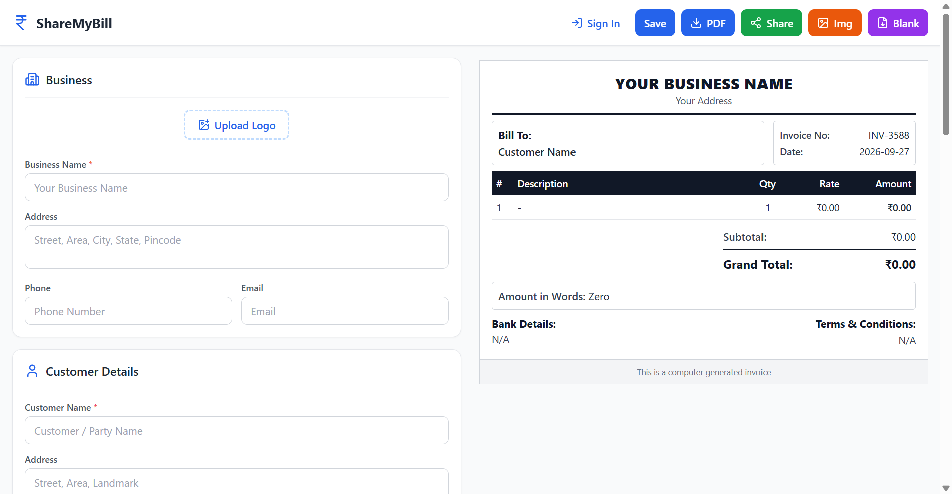 ShareMyBill invoice editor showing a sample GST invoice with items, GST tax and totals