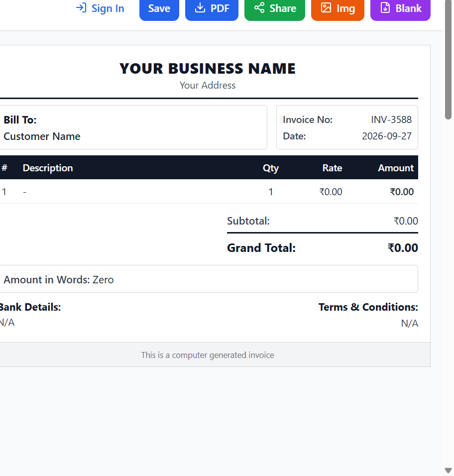 ShareMyBill desktop app showing a complete GST invoice ready to print